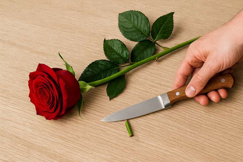 Stelen van rode rozen schuin afgesneden voor langere houdbaarheid