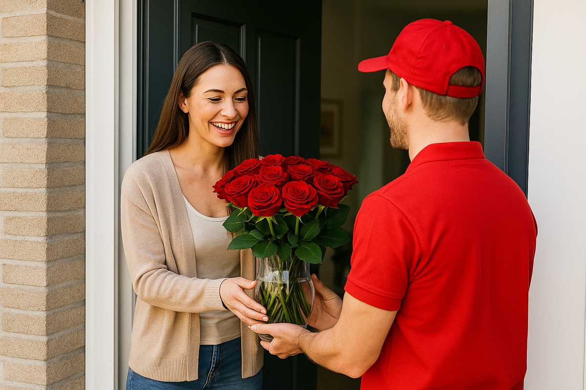 Bloemengeschenk met rode rozen wordt aan huis bezorgd aan de voordeur