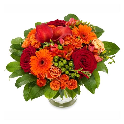 Autumn Bouquet with red roses and orange gerberas