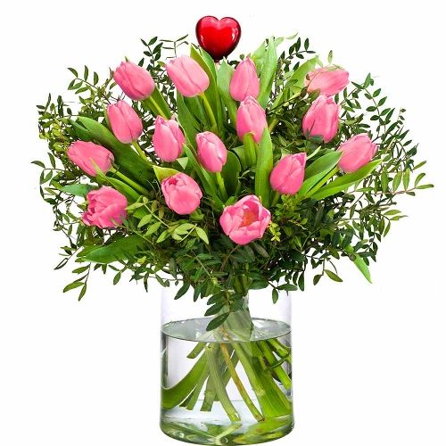 Liefdevolle roze tulpen - met hart