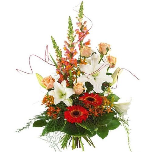 Gestaffelter Blumenstrauß in rot, weiß und orange