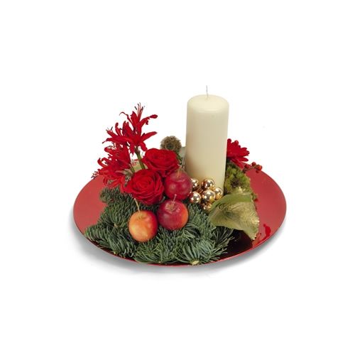 Kerststuk met 1 witte kaars - op schaal