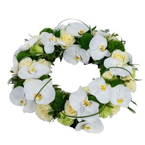White funeral wreath, orchid and roses