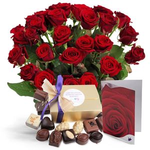 Cadeauset rode rozen en chocolade