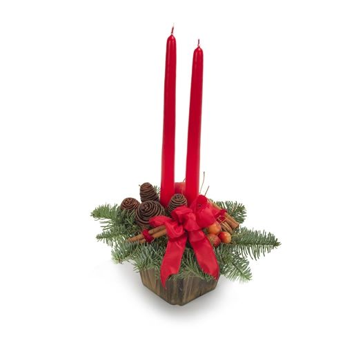 Christmas arrangement with 2 long red candles