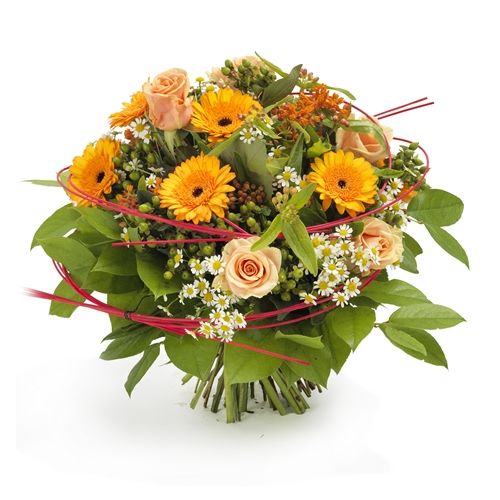Herfst boeket met gele gerberas en cream rozen