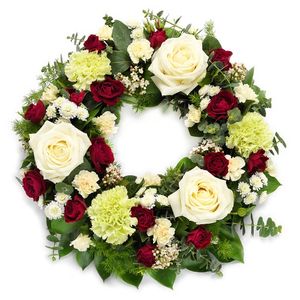 White with red funeral wreath