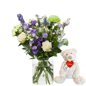 Fleurs violettes + ours en peluche