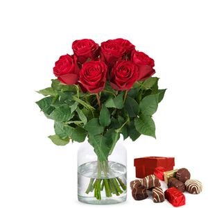 Red roses bouquet and chocolates