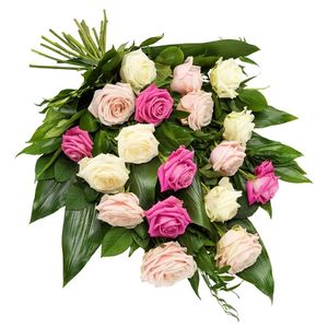 Rouwboeket met roze en witte rozen