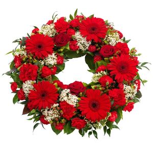 Red and white funeral wreath