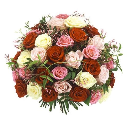 Round bouquet with red and pink roses