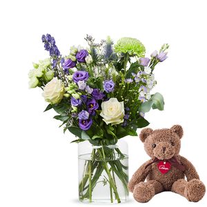 Purple flowers + teddybear