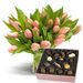 Bright pink tulips with chocolate