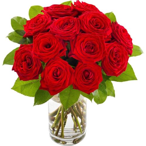Round bouquet with red roses and green