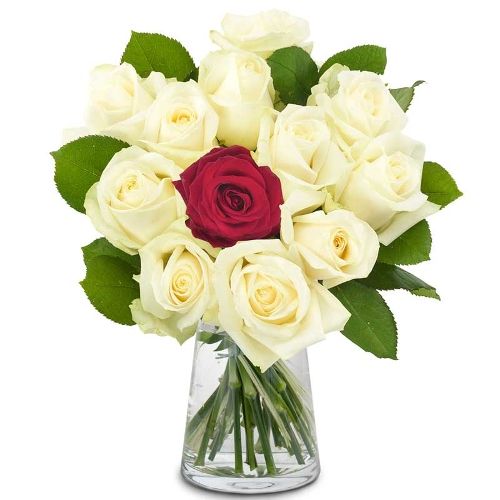 Bouquet of white roses with one red rose
