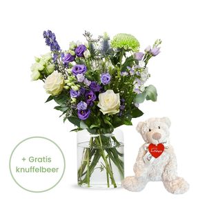 Fleurs violettes + ours en peluche