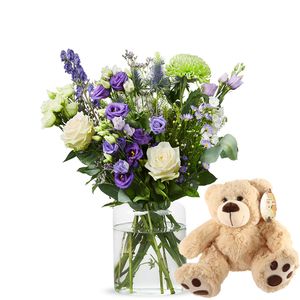 Fleurs violettes + ours en peluche