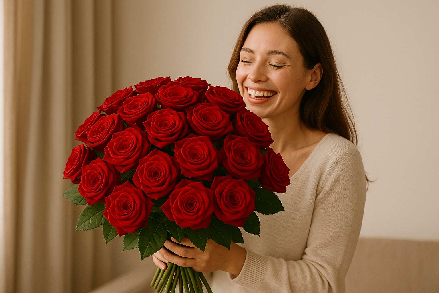 50 rode rozen groot boeket met blije ontvanger