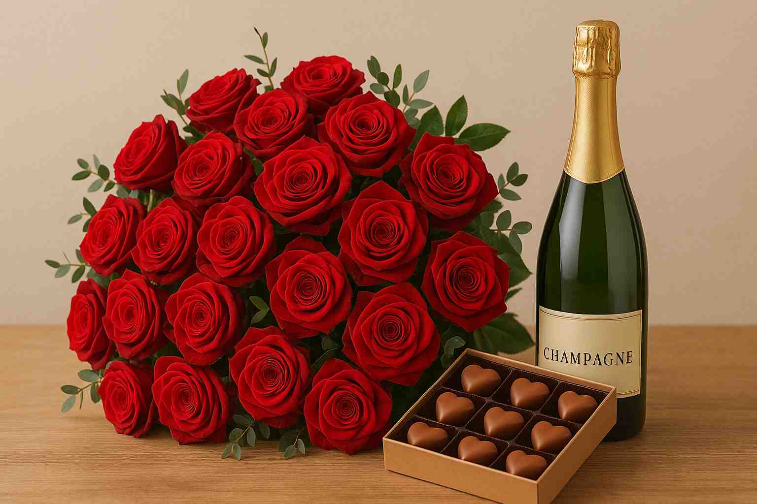 Rozenboeket als cadeau met chocolade