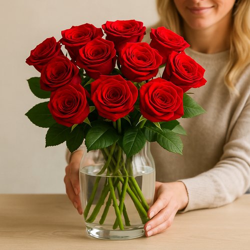 Ontvanger zet rozen in een schone glazen vaas als verzorgingsvoorbeeld