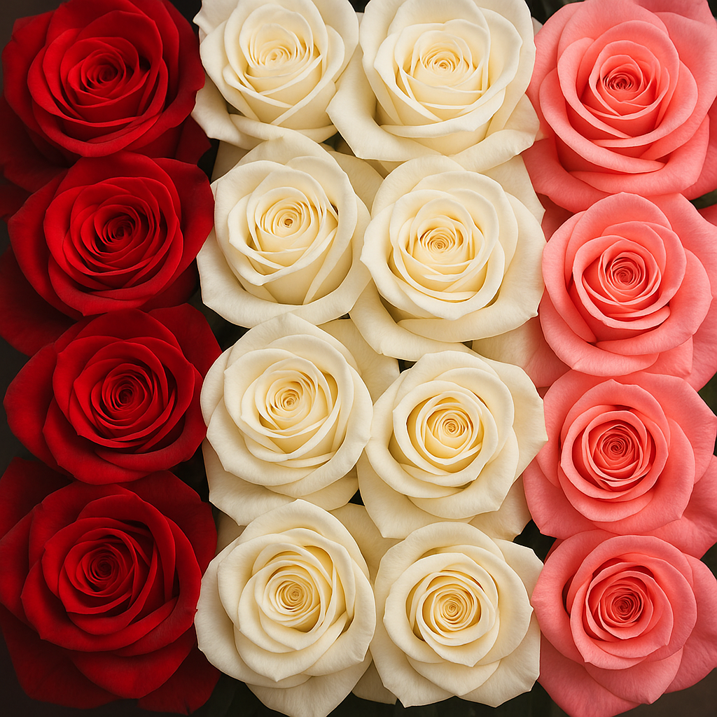 Voorbeeld van rode, witte en roze rozen voor een kleurkeuze