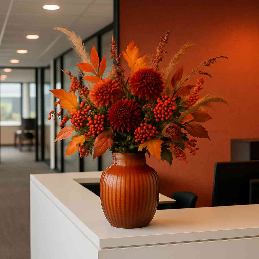 Mooi boeket met herfstbloemen op vaas op balie