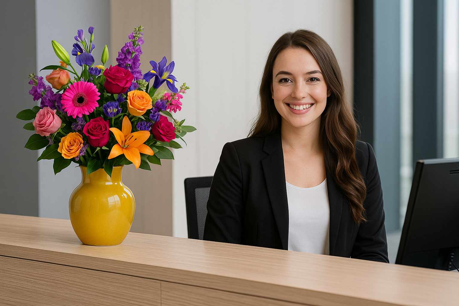 Receptionist achter balie met bloemenabonnement boeket op balie van Regiobloemist