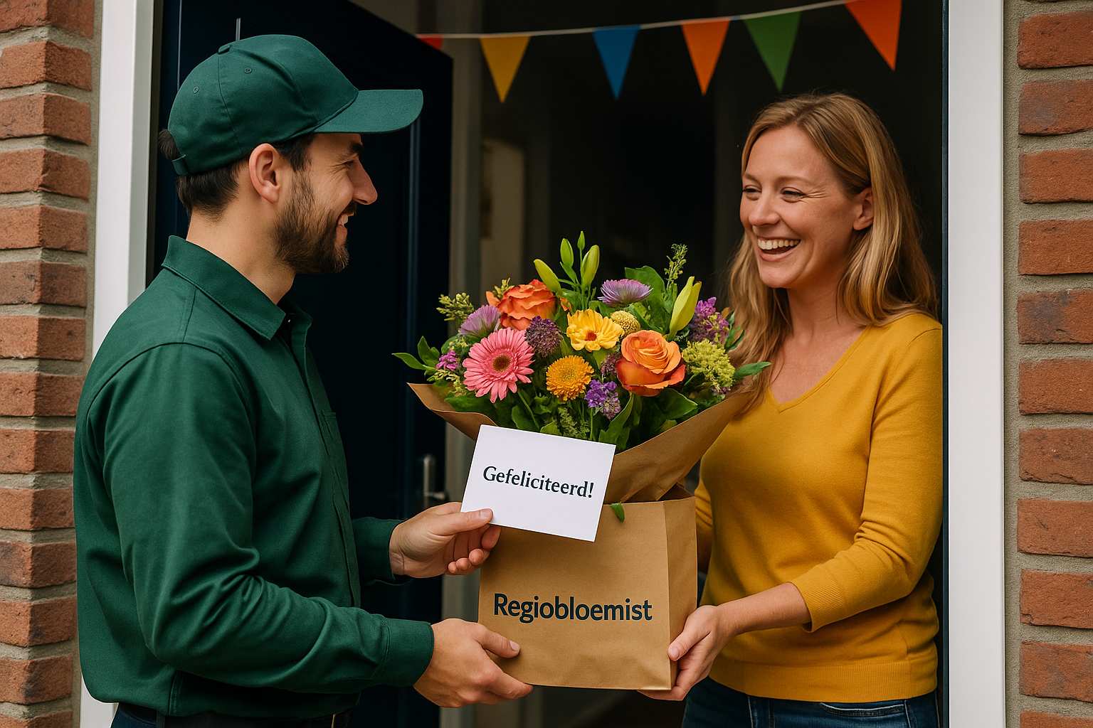 Lokale bloemist overhandigt een verjaardagsboeket bij de voordeur – Regiobloemist Verjaardagsservice